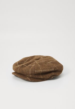 Beret de lã castanho com uma textura suave, apresentando um padrão xadrez costurado e um topo arredondado com um botão central. Design de duas camadas.