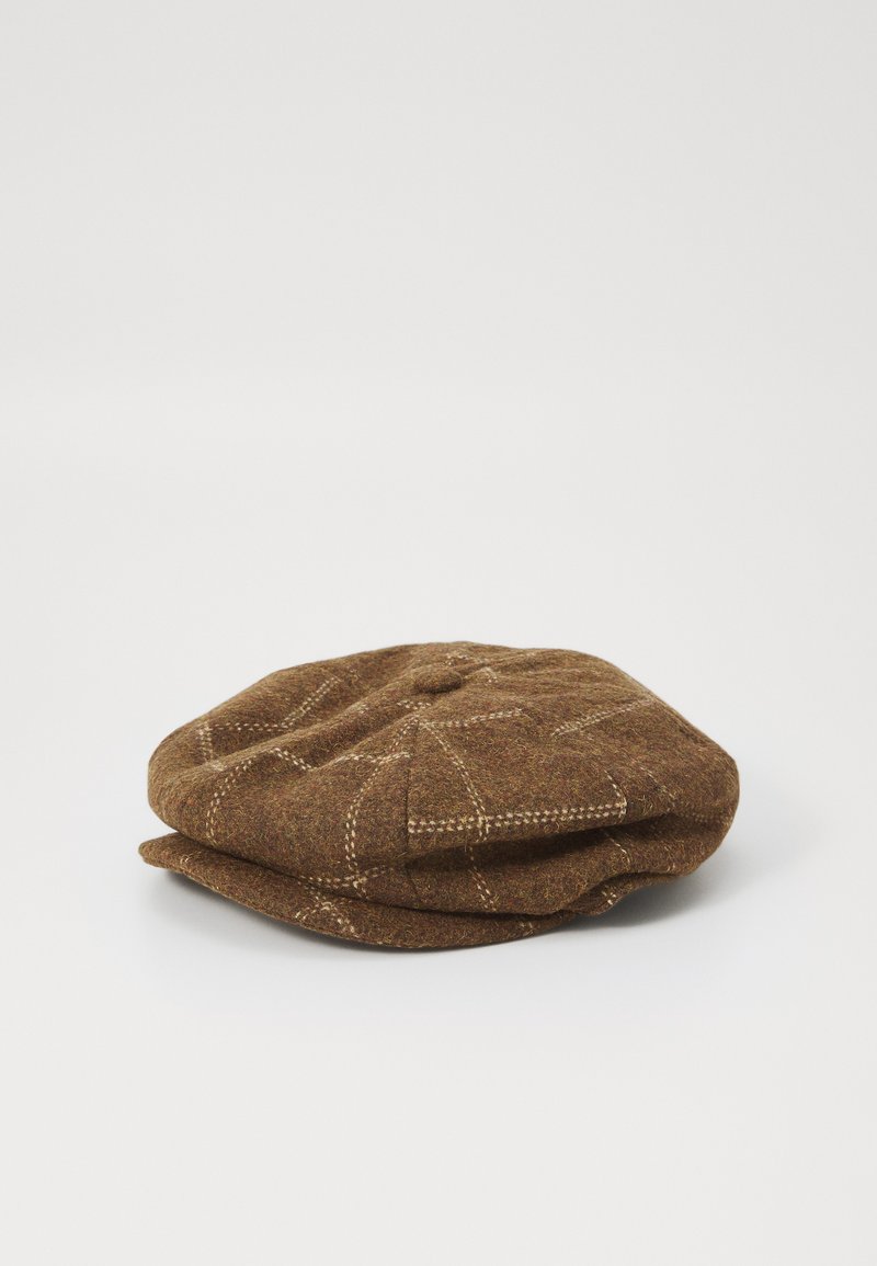 Brown wool beret with a soft texture, featuring a stitched plaid pattern and a rounded top with a central button. Two-layer design.