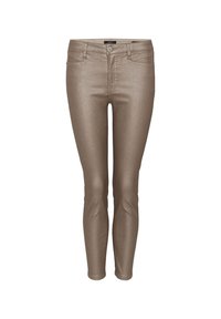 Skinny Jeans in metallic Bronze, aus einem glatten Stoff gefertigt. Verfügt über einen Knopf- und Reißverschluss, fünf Taschen und Nähedetails.