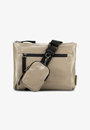 Beige rechteckige Umhängetasche mit vorderer Reißverschlusstasche und angebrachtem kleinem Reißverschlussfach an schwarzem verstellbarem Riemen.