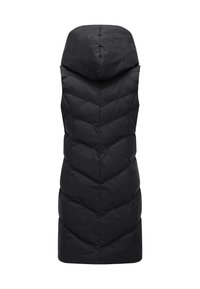 Schwarze, gesteppte ärmellose Jacke mit Kapuze, mit Chevron-Steppung und glatter Textur, entwickelt für Wärme und Komfort.