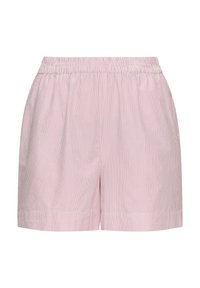 Short rose clair avec fines rayures blanches verticales, taille élastique et coupe décontractée.