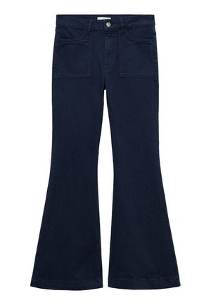 Jeans svasati blu navy realizzati in cotone, dotati di due tasche frontali, chiusura con zip e bottone; texture liscia con un colore uniforme.