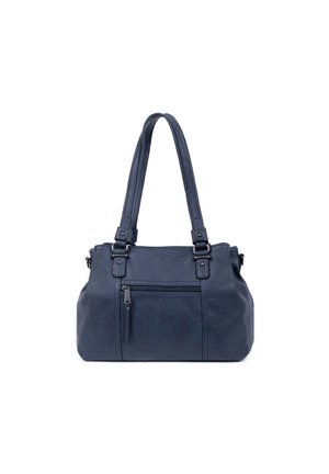 Sac à main en cuir bleu marine avec doubles bretelles, poche avant zippée et ferrures métalliques argentées.