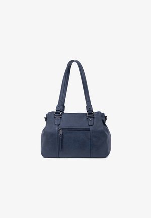 Navy blue leather handbag with double shoulder straps, front zip pocket, and silver metal hardware.