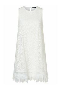 Ärmelloses weißes Spitzenkleid mit Blumenmuster, rundem Ausschnitt, Knopfverschluss mit Schlüsselloch hinten und gerüschtem Saumabschluss.