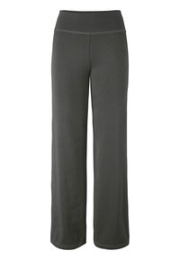 Donkergrijze brede broek met hoge, brede tailleband en geen zichtbare zakken of versieringen.