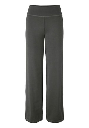 Donkergrijze brede broek met hoge, brede tailleband en geen zichtbare zakken of versieringen.