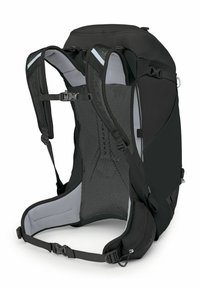 Zwarte ergonomische rugzak met een mesh rugpaneel, verstelbare banden en heupgordel. Beschikt over een contourevorm en soepel, duurzaam materiaal.