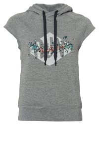 Sweat à capuche gris à manches courtes avec cordons noirs, présentant un motif hexagonal central et un design éclaboussé coloré sur la poitrine.