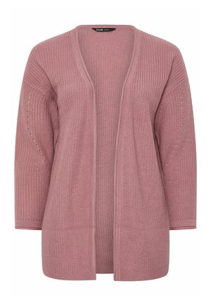 Cardigan long rose poudré à ouverture frontale, en tricot avec texture côtelée et manches trois-quarts.