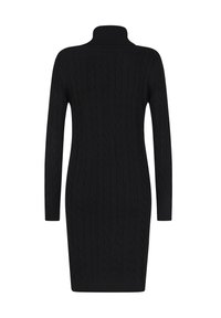 Schwarzes gestricktes Kleid mit hohem Ausschnitt, ausgestattet mit Zopfmuster, langen Ärmeln und taillierter Silhouette. Glatte Textur über das gesamte Kleid.