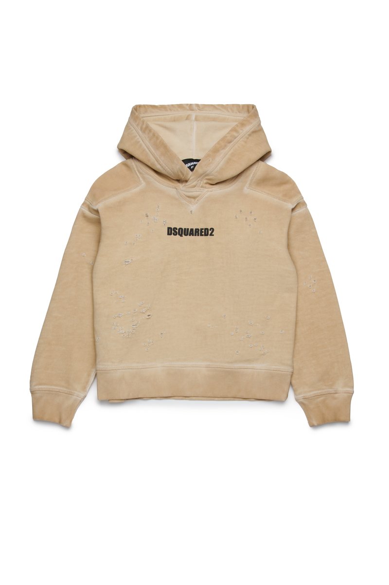 Felpa beige realizzata in tessuto morbido, con logo frontale "DSQUARED2", dettagli usurati e design classico della tasca a marsupio.