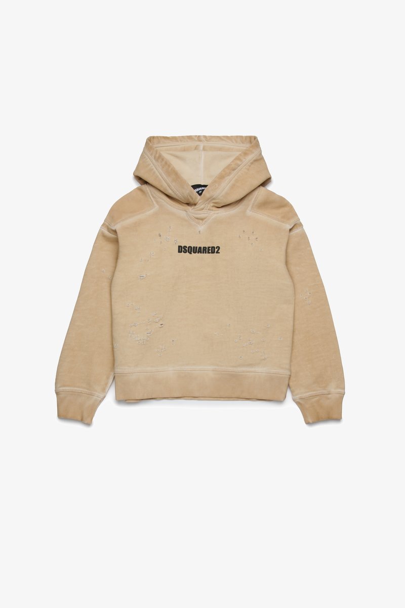 Felpa beige realizzata in tessuto morbido, con logo frontale "DSQUARED2", dettagli usurati e design classico della tasca a marsupio.