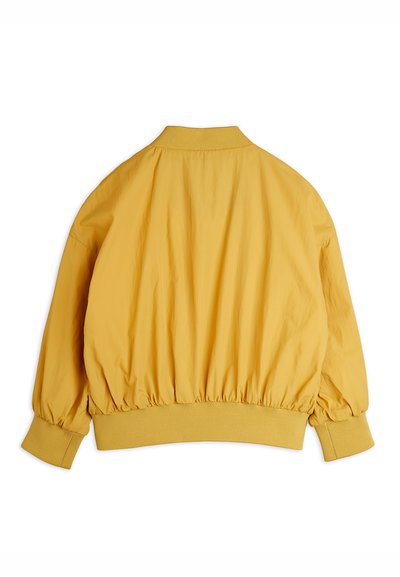 Rumena puhaf jacket z rebrastim ovratnikom in manšeti, elastičnim robom in gladko, lahko tkanino.