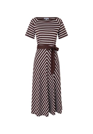 Brown and white striped midi dress with short sleeves, boat neckline, and matching fabric belt tied at the waist.