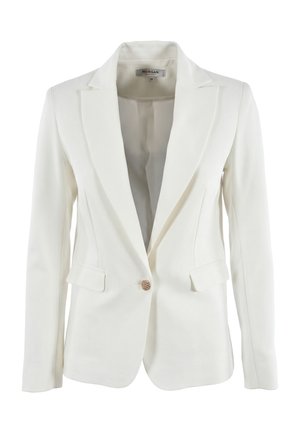 Blazer blanco de mujer confeccionado a medida con solapas de muesca, cierre con un botón dorado y dos bolsillos delanteros con solapa.