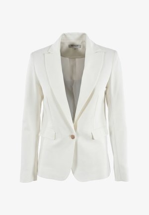 Veste blanche pour femmes, coupée sur mesure, avec revers crantés, fermeture par un seul bouton doré et deux poches à rabat à l'avant.