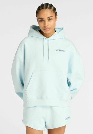 Light blue hoodie and shorts set made from soft fabric. Hoodie features a front pocket and drawstring hood; shorts are simple and matching.