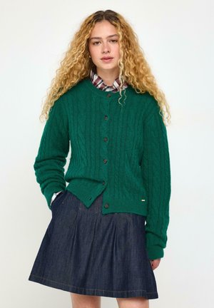 Kvinde med langt krøllet blondt hår iført en grøn, knaplukket kabelstrikket sweater, ternet skjorte og en mørkeblå denim nederdel.