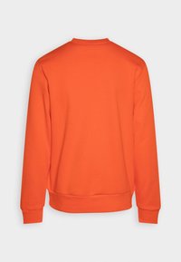 Felpa arancione brillante a maniche lunghe con polsini e orlo in tessuto a coste, mostrata da dietro su uno sfondo bianco.