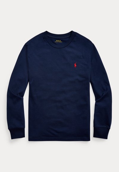 Navy blue long-sleeve crew neck shirt with red Polo Ralph Lauren horse logo embroidered on chest left side.