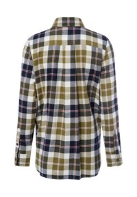 Flannel shirt in multicolored plaid pattern featuring green, navy, and white squares. Long sleeves with button cuffs and a collar.