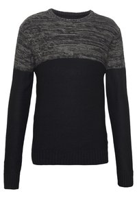 Męski sweter dziergany z teksturowanym szaro-czarnym wzorem, z okrągłym dekoltem, długimi rękawami, prążkowanymi mankietami i dołem.