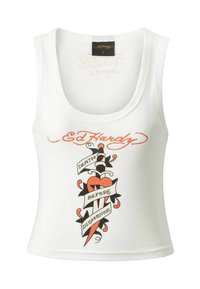Hvid bomulds tanktop med rund halsudskæring. Har et grafisk design af en dolk og et hjerte, med teksten "Death Before Dishonor" i sort og orange.