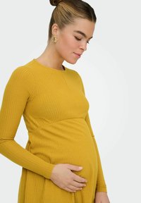 Långärmad, ribbad klänning i senapsgul, med en figurnära byst och en rundad söm ovanför ett framträdande mageområde. Örhängen i form av öron i guld.