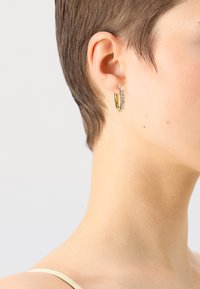 Pendiente de aro dorado con un diseño curvado que presenta cristales transparentes a lo largo de un lado. Superficie suave, acabado brillante y aspecto ligero.