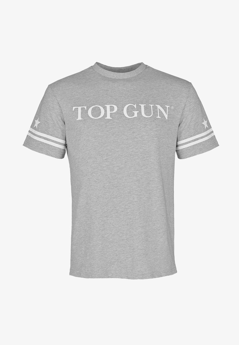 Grå bomulds t-shirt med "TOP GUN" i hvid tekst hen over brystet og hvide striber på ærmerne med stjernedetaljer.
