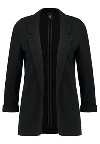 Černý blejzr z texturované látky, s klopovým límcem s výstřihem, otevřeným předním dílem, dlouhými rukávy a dvěma předními kapsami.