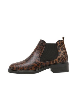 Bottines à imprimé léopard en matériau synthétique lisse. Dotées de panneaux latéraux élastiques et d'un petit talon bloc.