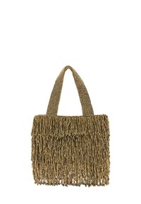 Torba Fringe w metalicznym złotym kolorze z fakturowaną, koralikową powierzchnią. Posiada dwa plecione uchwyty i usztywnioną sylwetkę.