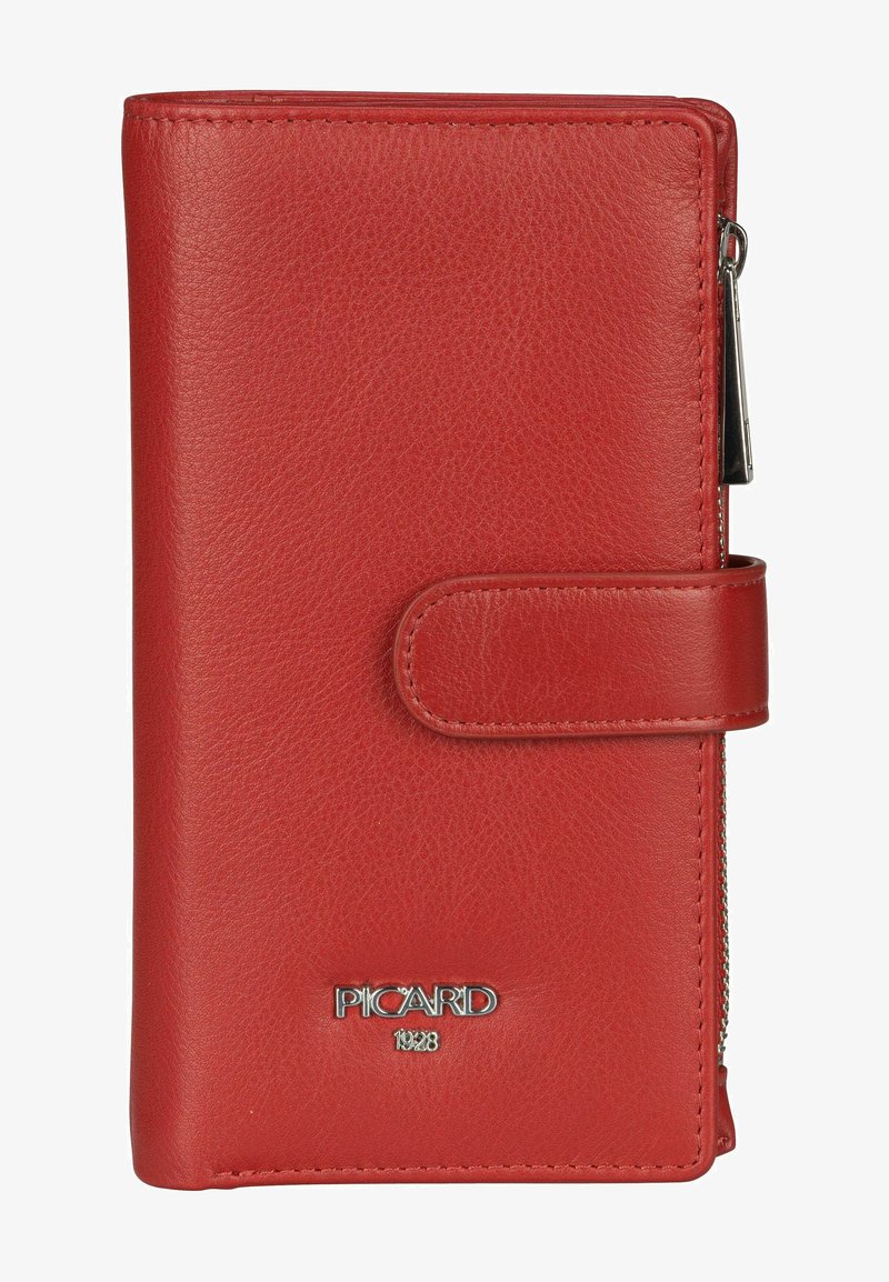 Portefeuille en cuir rouge avec une finition texturée, fermeture zippée et pression magnétique. Présente un logo argenté sur le devant et une forme rectangulaire élégante.