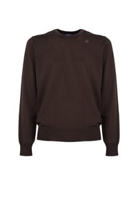 Pull en tricot marron présentant un col rond, des manches longues, des poignets et un ourlet côtelés, avec un petit logo sur le coin supérieur gauche de la poitrine.