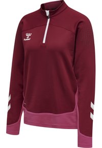 Bordeaux halv-zip sweatshirt med hvid branding, teksturerede detaljer på ærmerne og en kontrastfarvet pink kant. Fremstillet af et glat, strækbart stof.
