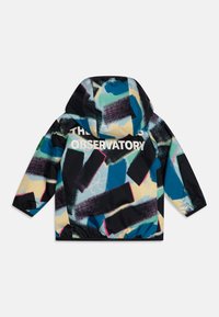 Colorful hooded jacket featuring an abstract pattern with blue, green, pink, black, and yellow sections; logo text on the back.