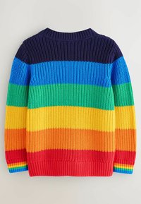 Maglione lavorato a maglia multicolore, con strisce orizzontali in blu navy, blu, verde, giallo, arancione e rosso, con polsini e orlo a coste.