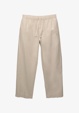 Pantaloni in cotone beige, leggeri, con elastico in vita e cordoncino. Design a gamba larga e orli arrotolati. Texture liscia, dettagli minimi.