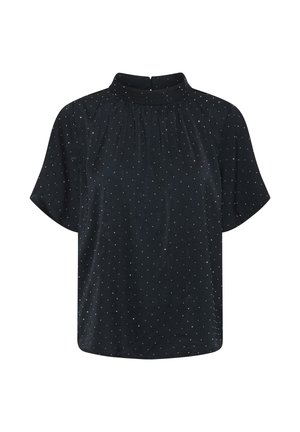 Short-sleeve black blouse with a high collar, featuring a gathered design and small white polka dots throughout. Soft fabric texture.