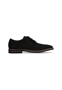 Schwarze Lederschuhe mit Mesh-Textur, Wildlederakzenten, spitzem Zeh und kontrastierender, heller Zwischensohle. Verfügt über fünf Ösen und eine Gummisohle.