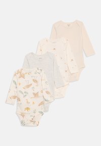 Quattro body a manica lunga per neonati: uno con stampa floreale su fondo crema, due di colori solidi in grigio e crema, e uno con design a righe in beige chiaro.