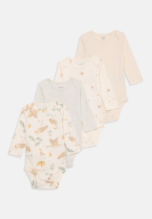 Vier lange mouwen baby rompertjes: één met bloemenprint op crème, twee effen kleuren in grijs en crème, en één gestreept design in lichtbeige.