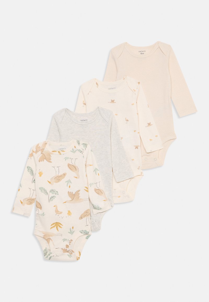 Quattro body a manica lunga per neonati: uno con stampa floreale su fondo crema, due di colori solidi in grigio e crema, e uno con design a righe in beige chiaro.