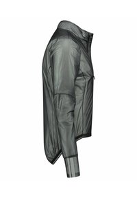 Grau leichte Jacke mit glatter, glänzender Textur, ausgestattet mit einem hohen Kragen, Reißverschluss und schwarzen Akzenten an den Manschetten und dem Saum.