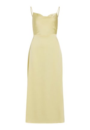 Világos sárga szatén csúszos ruha vékony spaghetti pántokkal és áramló bokáig érő szoknyával.