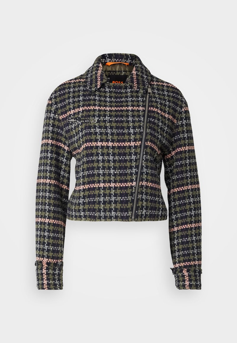 Skrócona kurtka w granatowym, zielonym i różowym tweedzie z zamkiem błyskawicznym, kołnierzem i długimi rękawami z podwiniętymi mankietami.