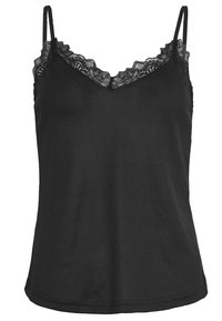 Camisola nera in tessuto a costine, con spalline regolabili e bordo in pizzo a scallops lungo il scollo.